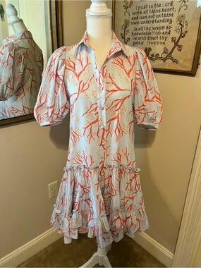 Puff-Sleeve Light Blue Midi Dress with Coral Print